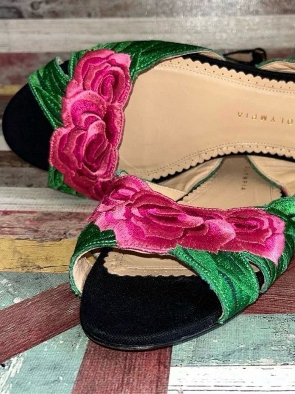 Charlotte Olympia Floral Sandals Pink/Green/Black SZE 8 (38) - Picture 4 of 6